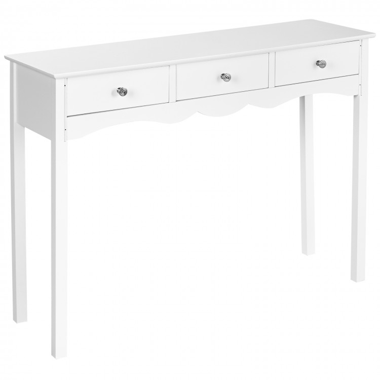 White side sofa table with a glossy finish and three drawers, ideal for organizing entryways or living room spaces.