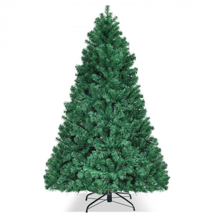 7-foot PVC artificial Christmas tree with hinged branches and pre-lit LED lights, perfect for festive indoor decoration.