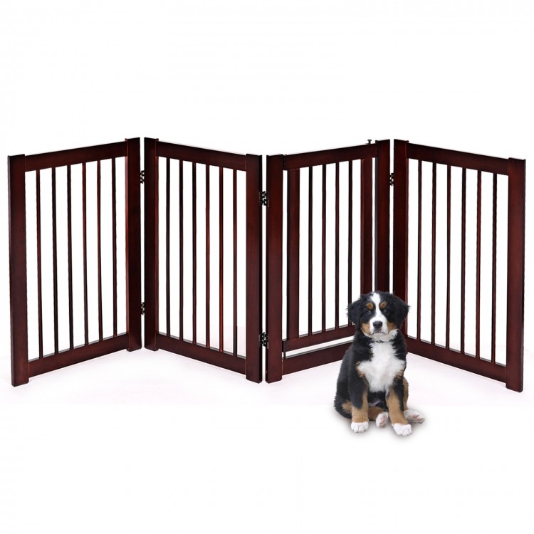 Configurable 30-inch folding wood pet gate in cherry finish, ideal for doorways and small pet containment.