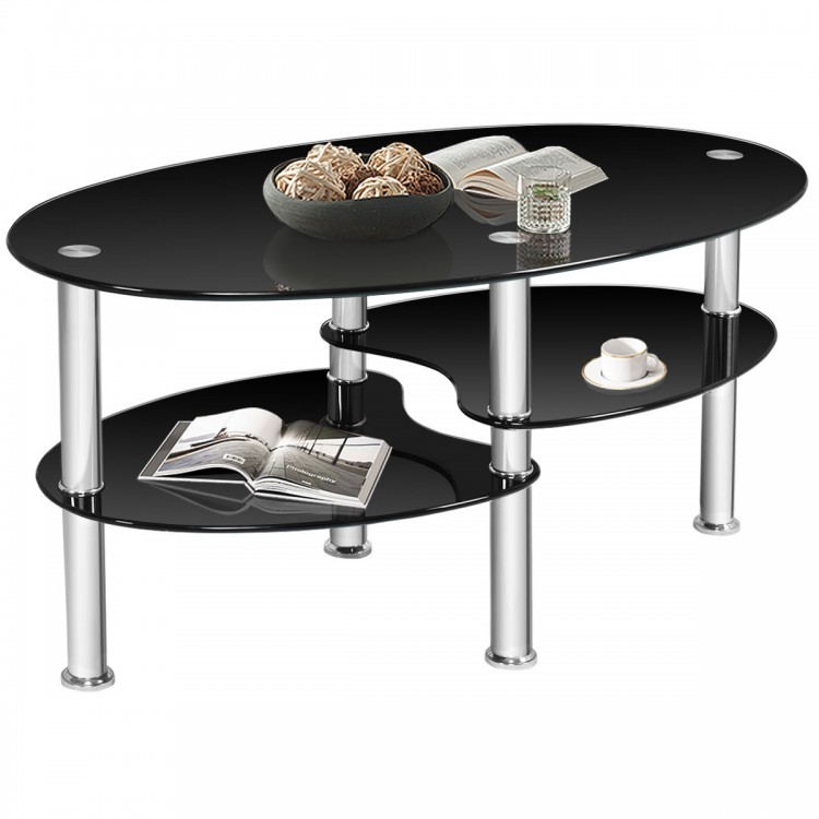 Tempered glass oval coffee table in black with two bottom shelves for storage, perfect for living room relaxation.
