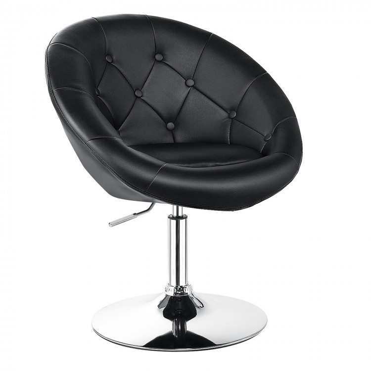 Modern swivel round tufted black accent chair showcasing a plush cushion and chrome base, ideal for stylish seating in.