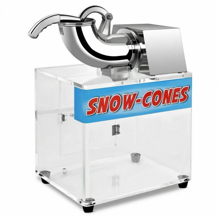 Electric snow cone machine with stainless-steel construction and acrylic housing, ideal for parties and gatherings.