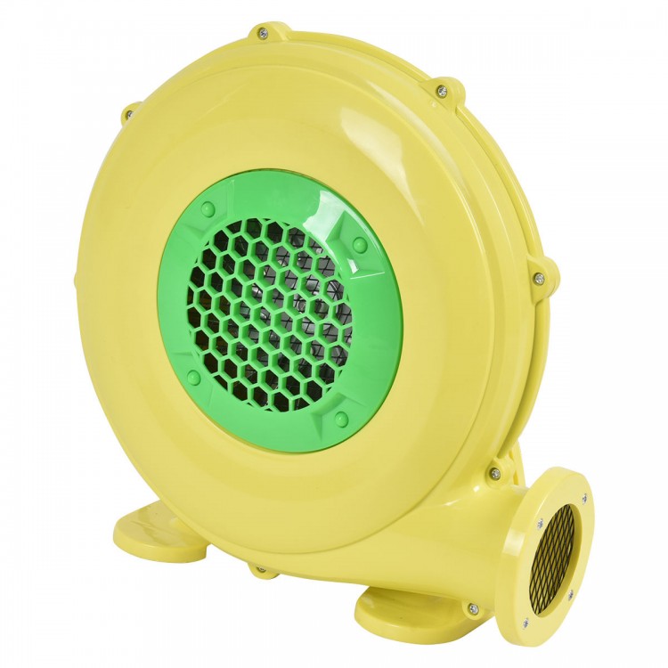 Yellow 480W air blower pump fan with green grille, designed for inflatable bounce houses and outdoor fun.