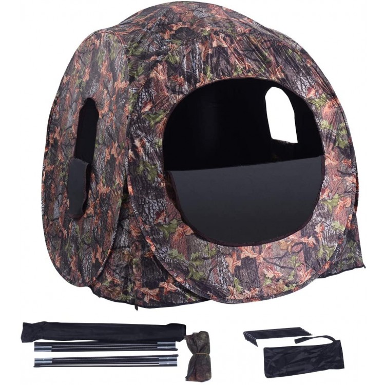 Portable pop-up ground camo blind hunting enclosure with shoot-through windows and lightweight design for 2-3 people.