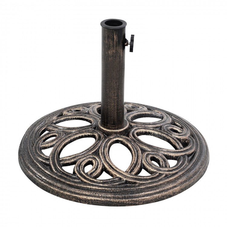 Round 23-lbs umbrella base stand made of premium cast iron in classic bronze, featuring a petal-like design for.
