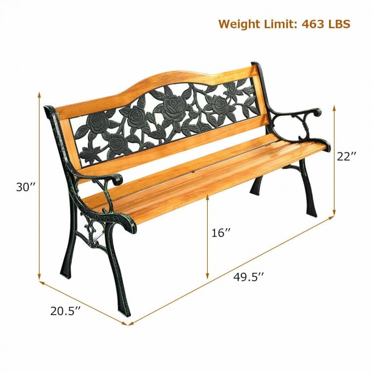 Outdoor cast iron patio bench with rose pattern, solid wood seat, dimensions 49.5" x 20.5" x 30", supports 463 lbs.