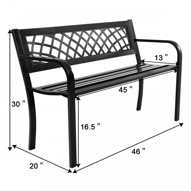 Black steel frame bench with PVC backrest mesh, dimensions 46" L x 20" W x 30" H, ideal for outdoor seating.