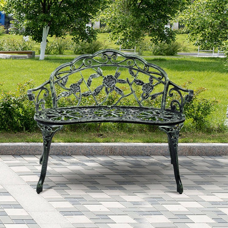 Side view of the antique rose cast aluminum patio bench in antique green, ideal for enhancing outdoor living spaces.