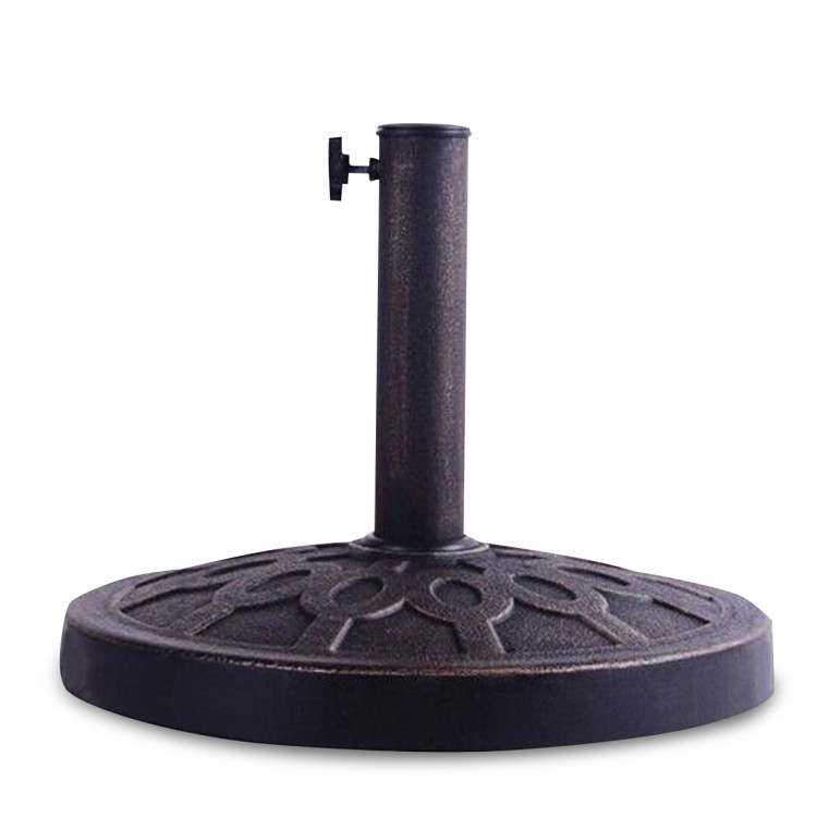 Heavy-duty 30lbs patio umbrella base with decorative bronze finish, steel upright, and resin construction for stability.