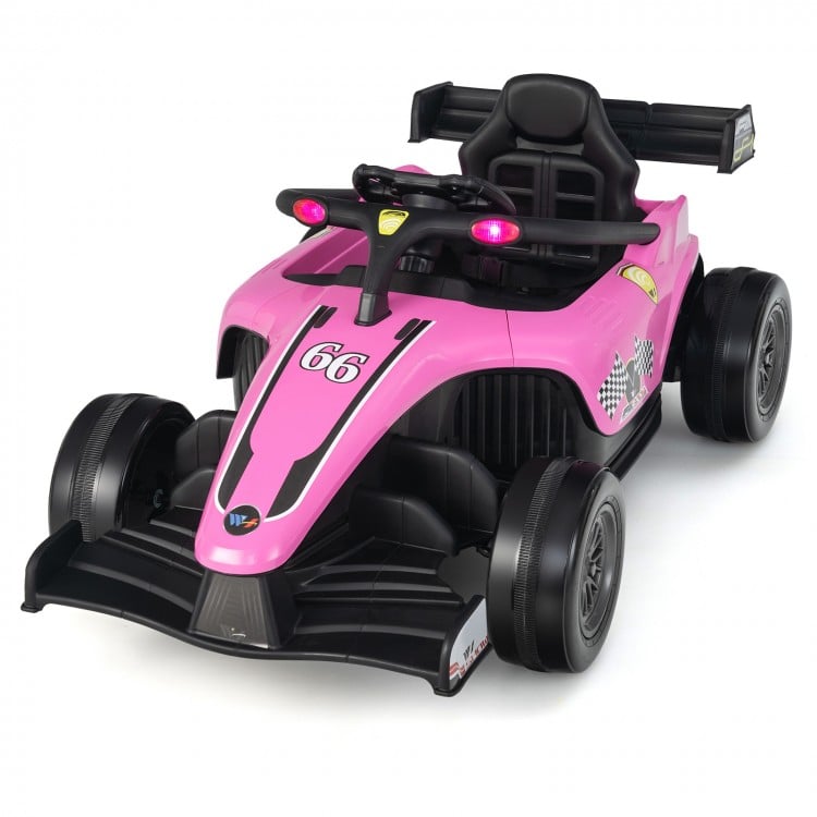 Pink 12V kids ride-on electric Formula racing car with a sleek racing design, remote control, and vibrant lights for.