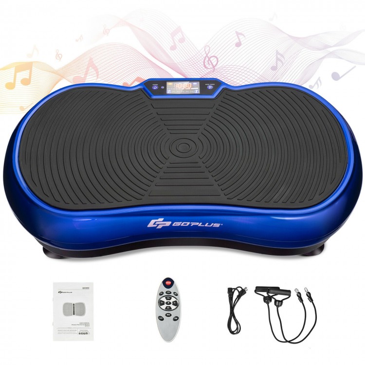3D vibration plate fitness machine in blue with remote control, featuring 180 speed adjustments and built-in speaker.