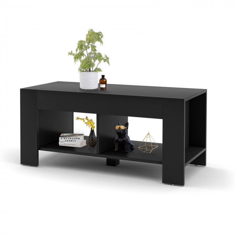 Black 2-tier wood coffee table with open storage shelves, perfect for organizing essentials in any living space.
