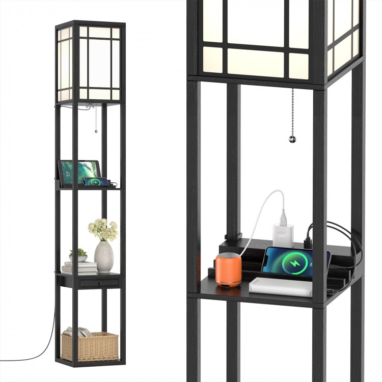 Modern floor lamp with shelves and drawer, featuring USB ports and a white lampshade for a stylish living room touch.