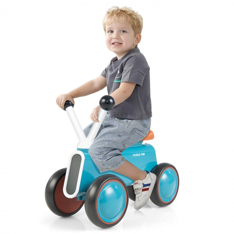 Blue 4 wheels baby balance bike with non-slip handlebars, designed for kids 10-24 months to enhance balance and.