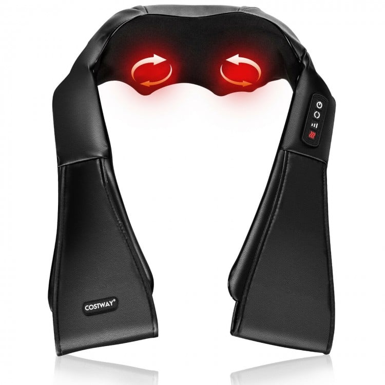 U-shaped black shiatsu neck massager with heat, 8 kneading nodes, and 3-speed settings for personalized relaxation.