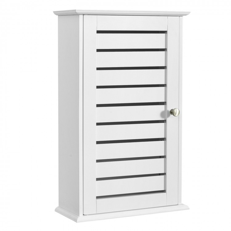 White wall mount medicine cabinet with louvre door, adjustable shelves, and magnetic lock for versatile storage.