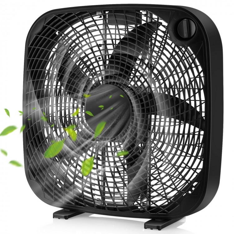 20-inch black box fan with 3-speed settings, powerful airflow, and durable design for home or office cooling.