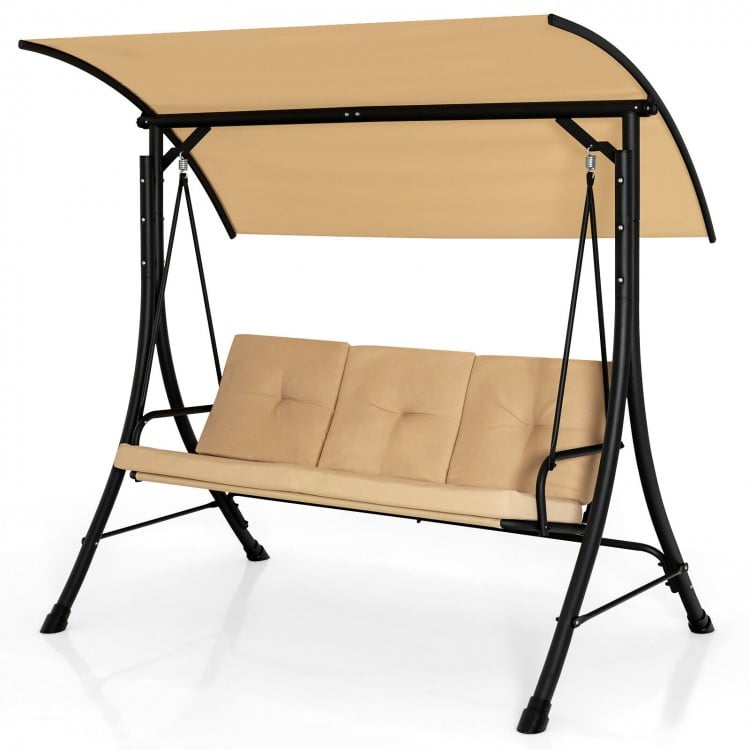 3-seat outdoor porch swing with beige padded cushions and adjustable canopy, perfect for backyard relaxation.