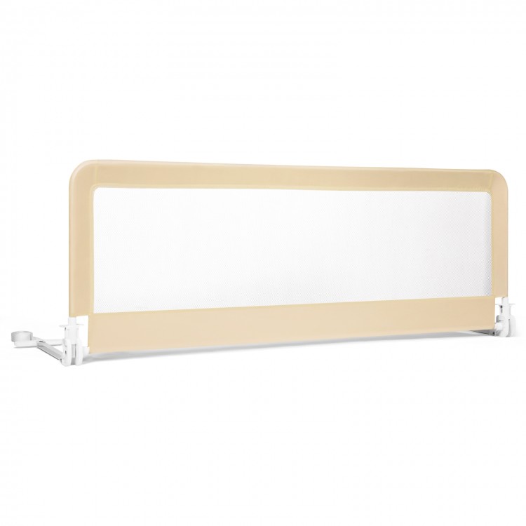 Beige 59-inch extra long folding bed rail guard for toddlers, featuring durable mesh fabric and adjustable angle for.