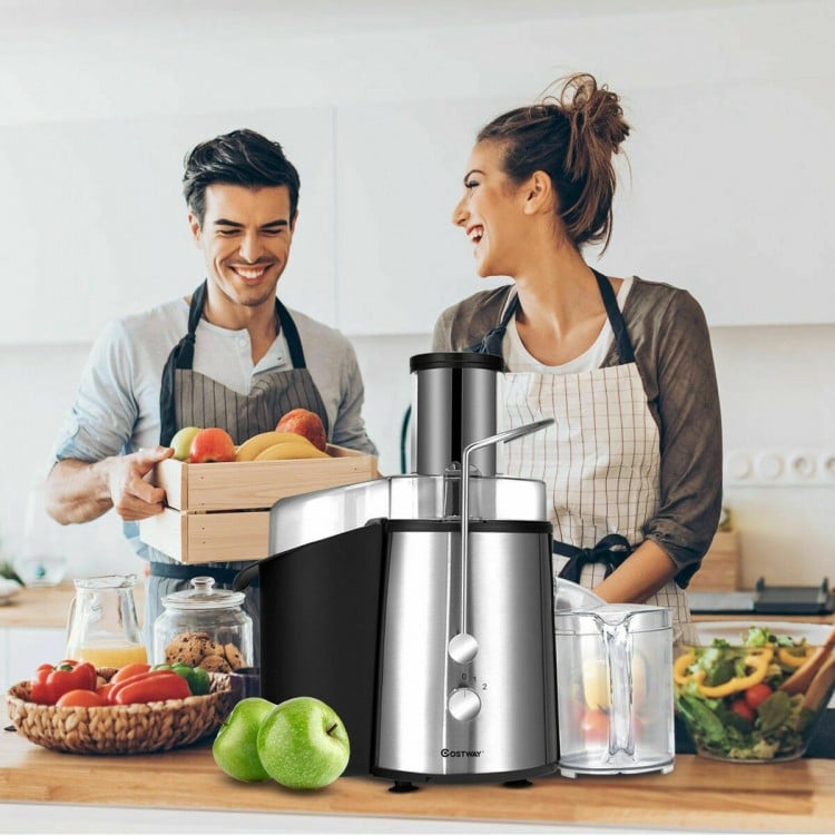 Electric juice press with stainless steel design, 75mm feeder chute, and safety lock, perfect for quick fruit and.