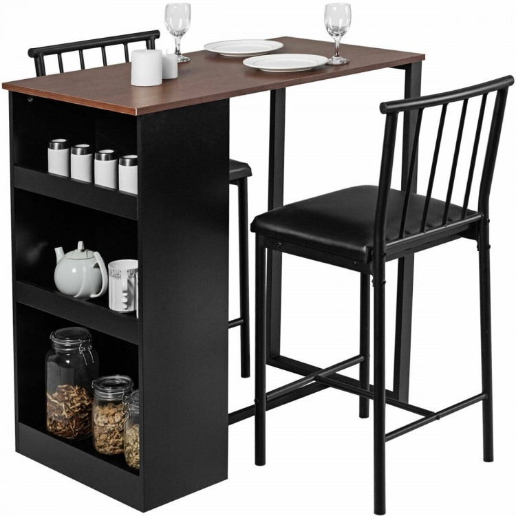 Counter height pub dining set with triangular table and two ergonomic chairs, ideal for small spaces.