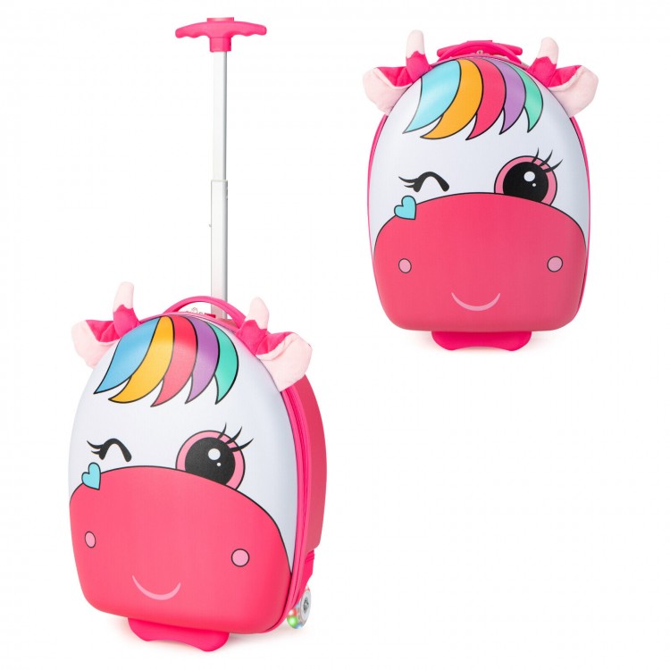Kids rolling luggage with a pink unicorn design, 16 inches, featuring flashing wheels and a telescoping handle for easy.
