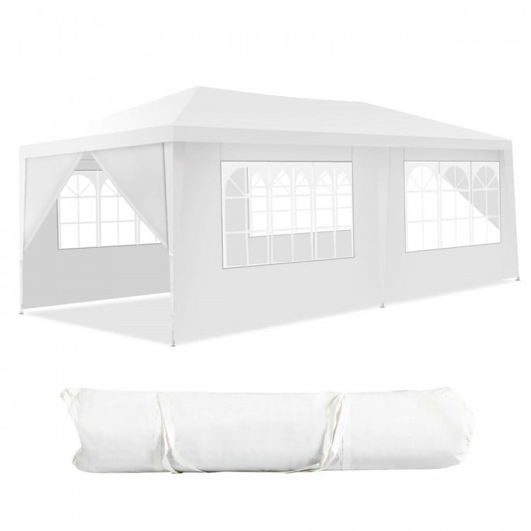 10 x 20 feet white canopy tent with 6 sidewalls and carry bag, ideal for outdoor events like parties and weddings.