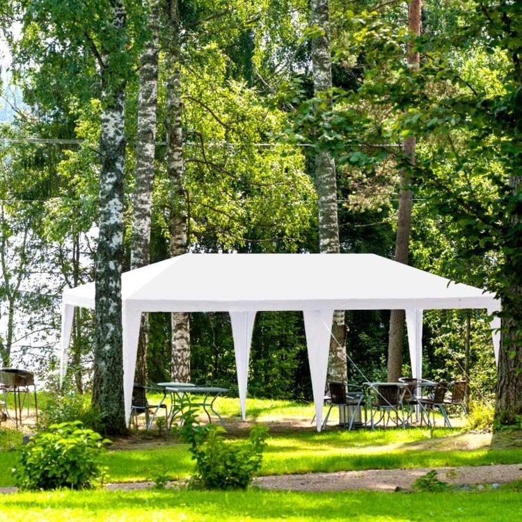White 10 x 20 feet canopy tent with six sidewalls, ideal for outdoor events like parties and weddings.