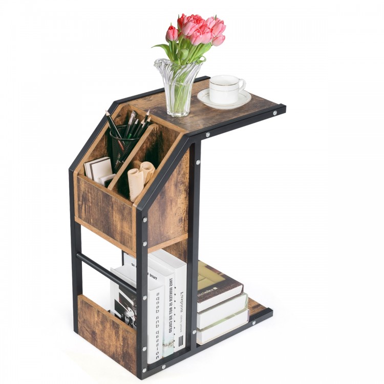 C-shaped industrial snack end table with storage compartments, made of particle board and metal, ideal for living room.