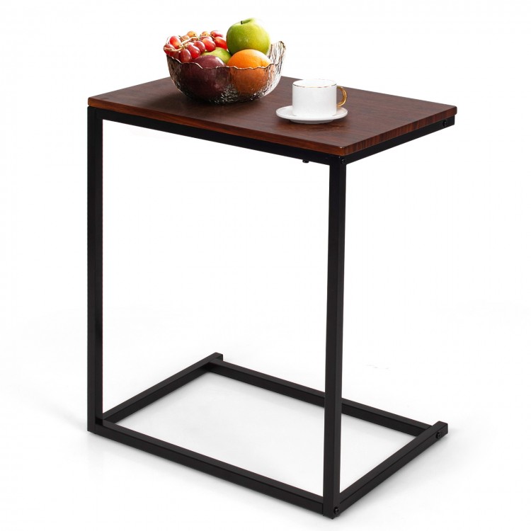 Stylish dark brown side table with sturdy steel frame, perfect for holding laptops and snacks beside a sofa or bed.