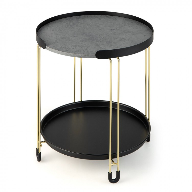 Round side table with grey dolomite top and gold metal frame, featuring 2 tiers for versatile storage in small spaces.