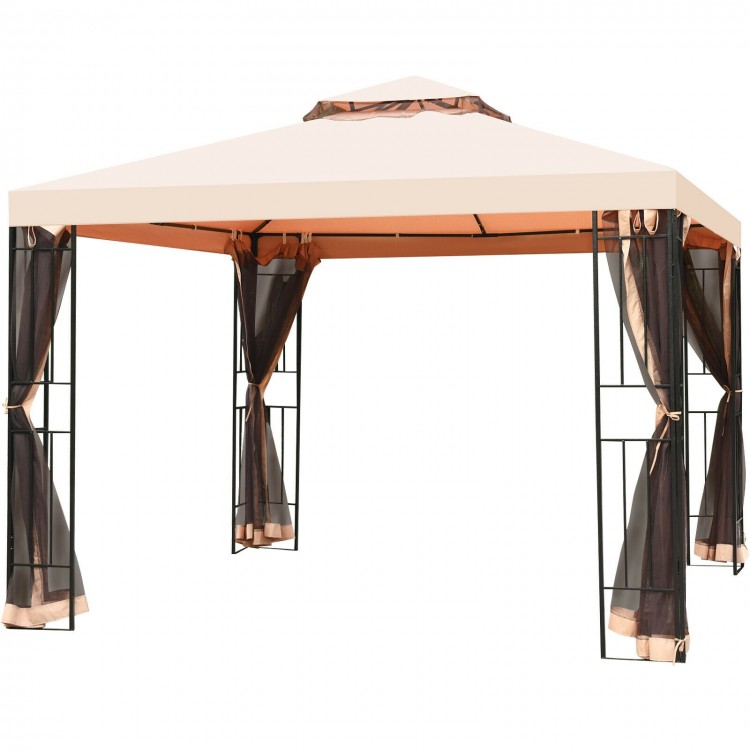 10 x 10 feet 2-tier vented metal canopy with light brown polyester top and mosquito netting, perfect for outdoor events.