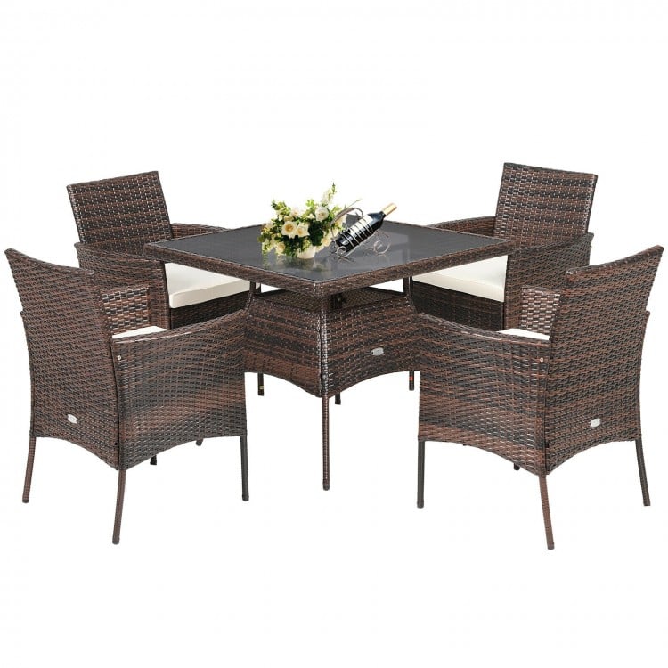 Outdoor 5-piece dining table set featuring a sturdy rattan table and 4 single sofas with soft cushions for patio.