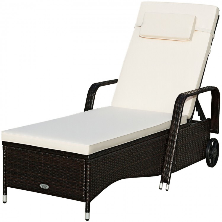 Cushioned outdoor recliner chaise lounge in white with adjustable backrest and PE rattan, perfect for patio relaxation.