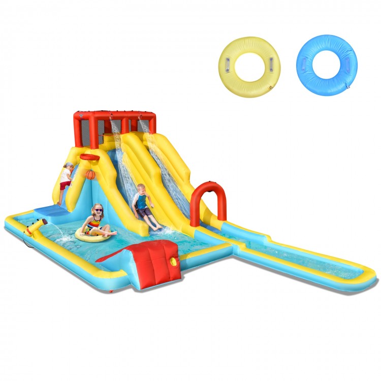 Colorful 7-in-1 inflatable water park with dual slides, pool, and basketball hoop for kids' outdoor fun.