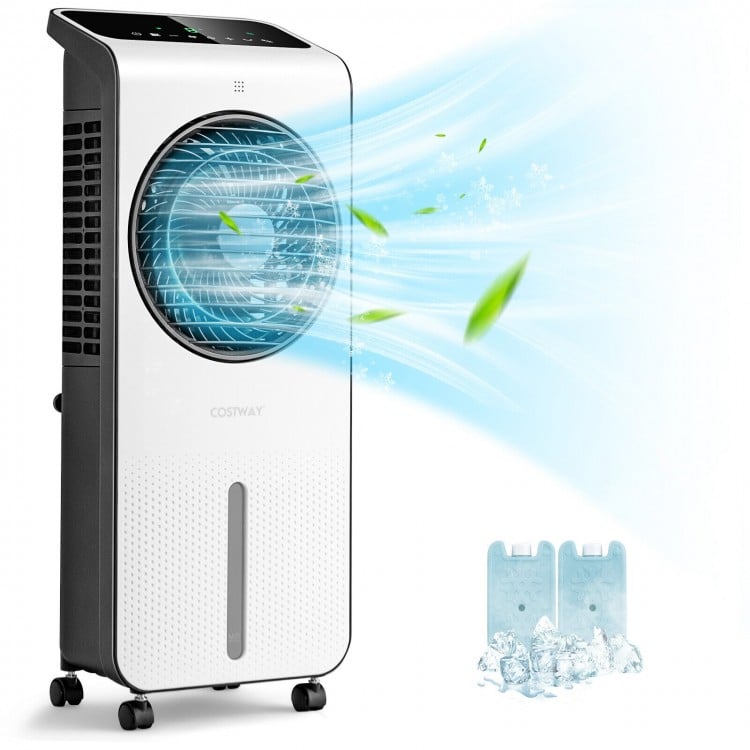 3-in-1 evaporative air cooler in white with 360° rotating fan blades and remote control for customizable airflow.