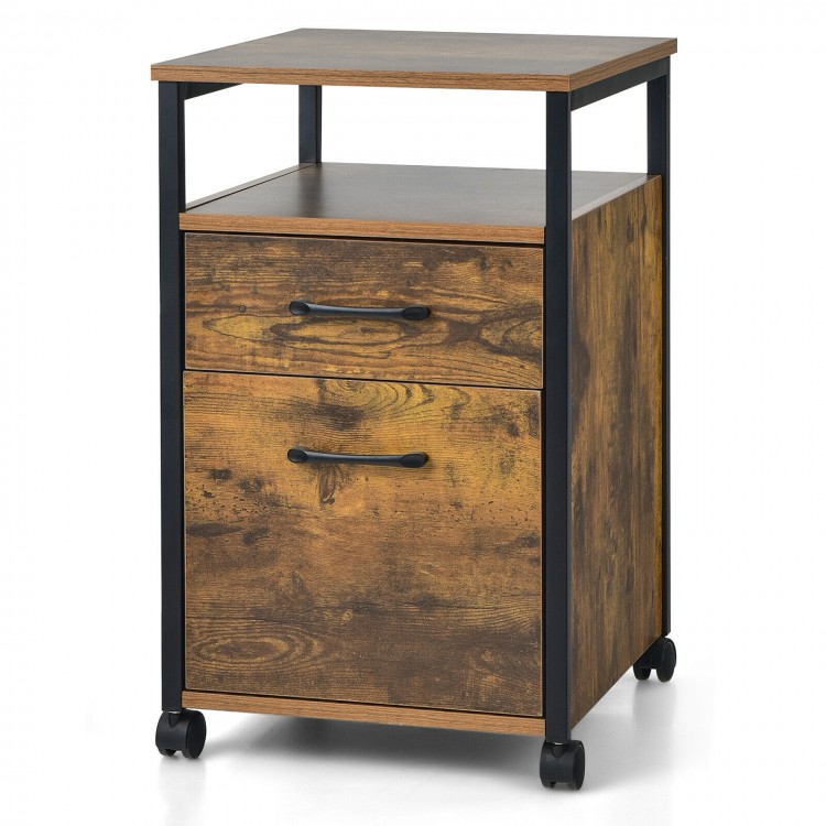 2-drawer mobile file cabinet in rustic brown with open shelf and sturdy metal frame, ideal for office or home use.