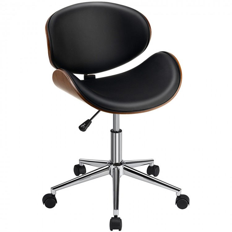 Adjustable black leather office chair with curved seat and bentwood design, perfect for ergonomic comfort and style.