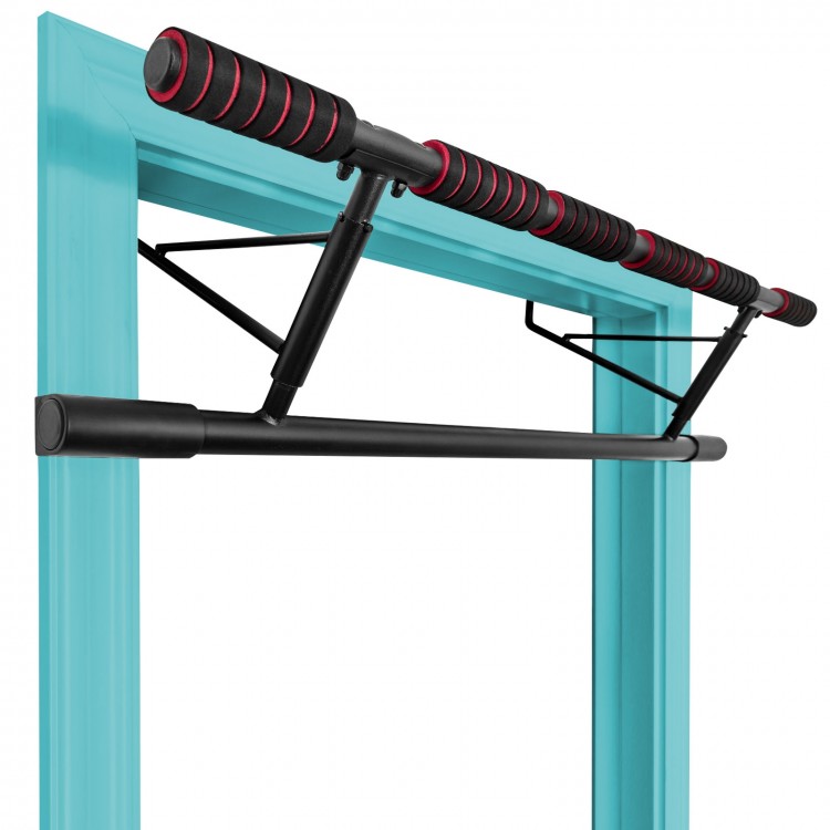 Foldable pull-up bar with foam grip, designed for doorway use, supports up to 440 lbs for home gym workouts.