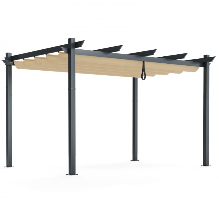 Outdoor aluminum pergola with beige retractable canopy, perfect for BBQs and gatherings in gardens or poolside.