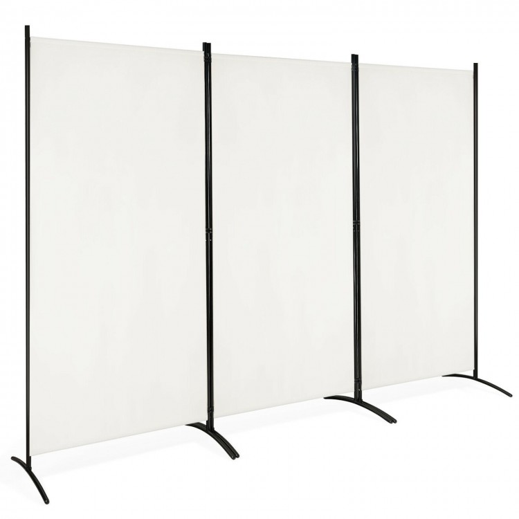 Three-panel folding privacy partition screen in white with durable polyester fabric and steel frame for office or home.