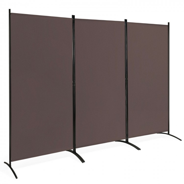 3-panel folding privacy partition screen in brown, made of polyester fabric and steel, ideal for office or home use.