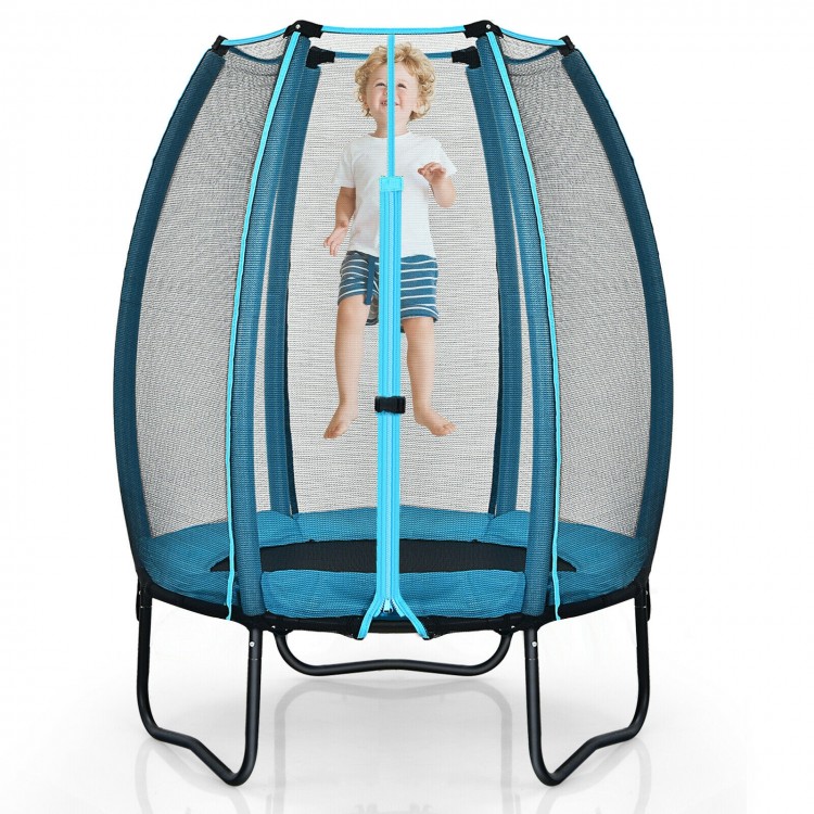 Kids trampoline with enclosure net in blue, featuring a solid steel frame and safety padding for indoor and outdoor fun.