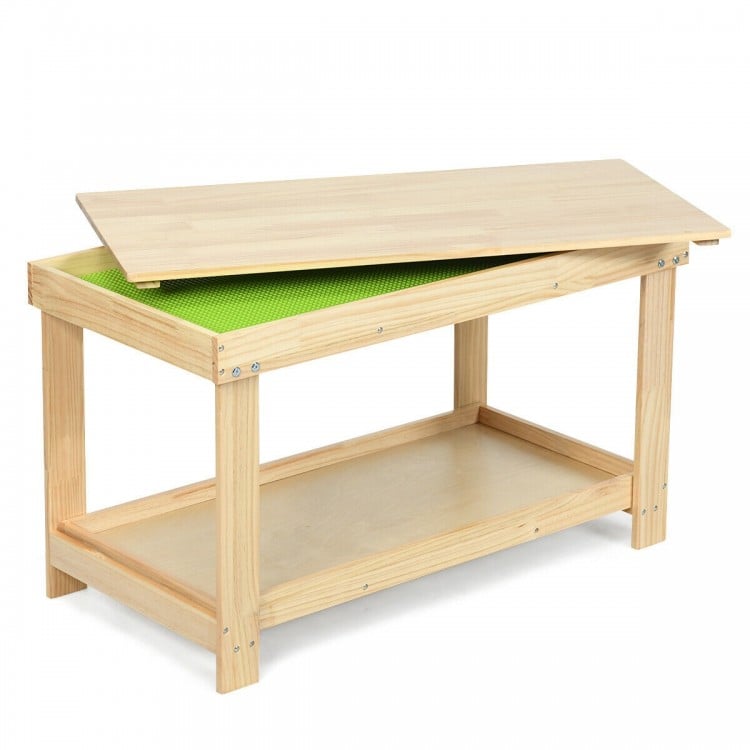 Solid multifunctional wood kids activity play table in natural pine with removable top and double storage space for.