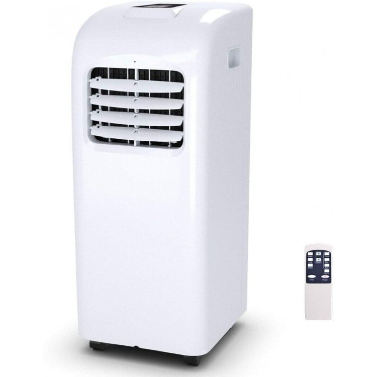 Portable 8000 BTU air conditioner in white with remote control, designed for efficient cooling and dehumidifying in.