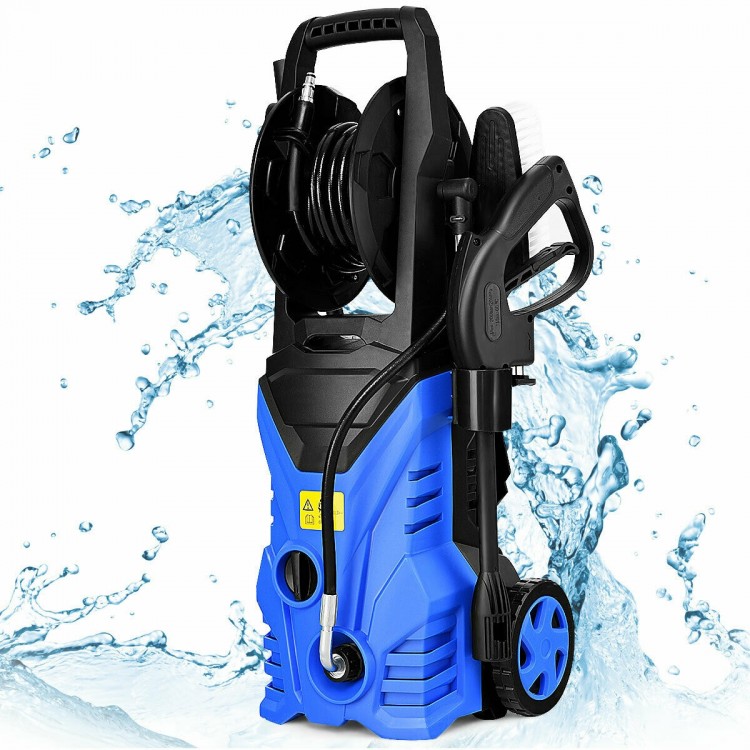 Electric pressure washer in blue with hose reel, featuring 2 wheels for easy mobility and quick setup for outdoor.