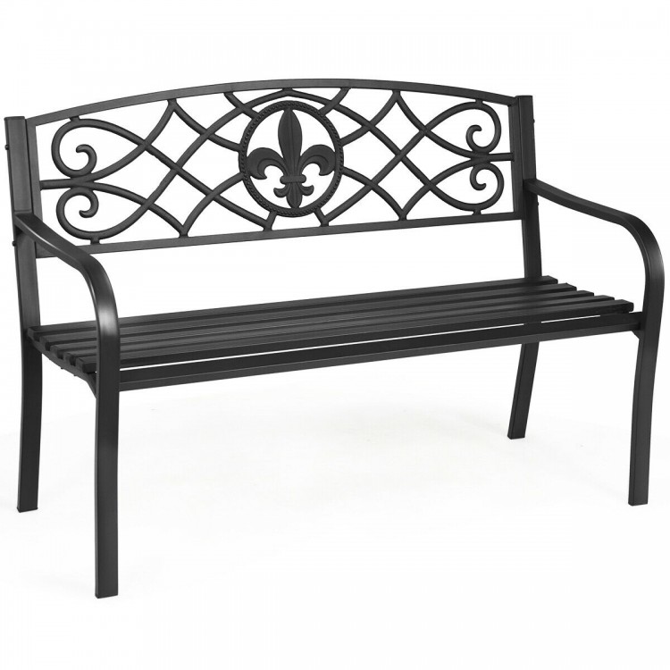 Heavy-duty 50-inch metal garden bench with modern backrest, powder-coated steel, perfect for outdoor spaces.