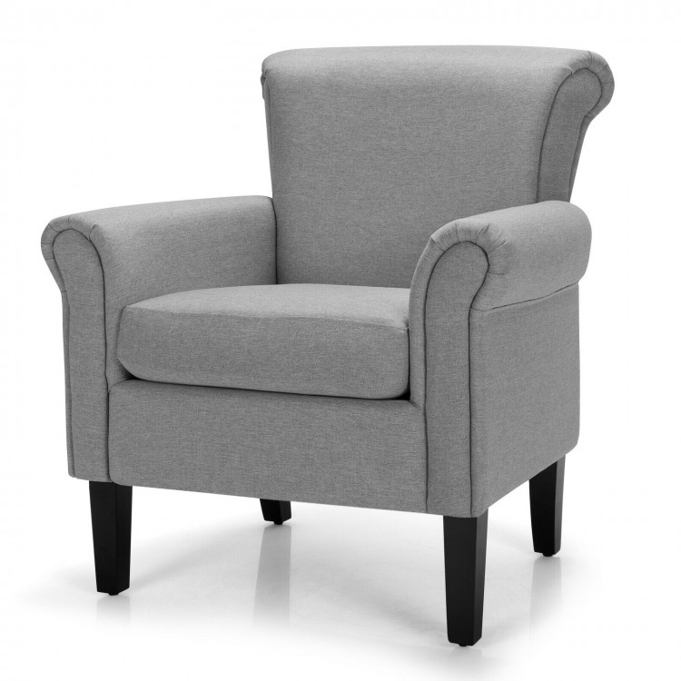 Side view of light gray upholstered accent chair featuring padded armrests and sturdy rubber wood legs, perfect for any.