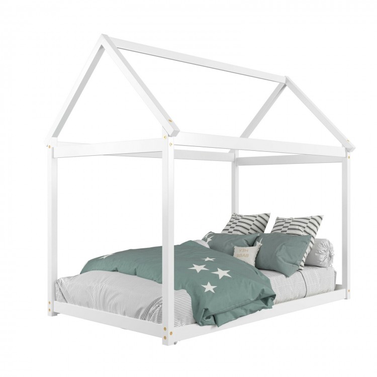 Kids platform floor bed with roof in white, featuring sturdy wooden frame and heavy-duty slats for durability and.