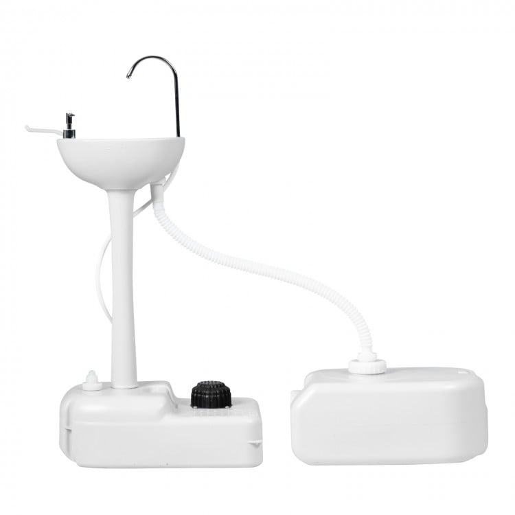 Camping hand wash station with 4.5-gallon tank, featuring a soap dispenser and telescopic hose for easy drainage.